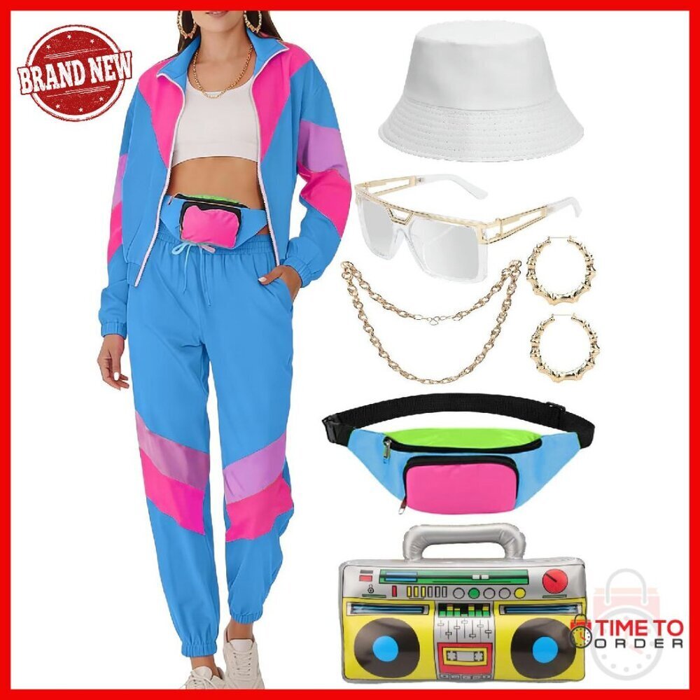 80s 90s Tracksuit Set Windbreaker Fanny Pack Accessories 8PC Retro Costume